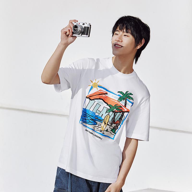 Li-Ning Cool And Comfortable Hand-Drawn Pattern Printed Round Neck Short Sleeve T-Shirt Men Tops Standard-White AHSU713-2