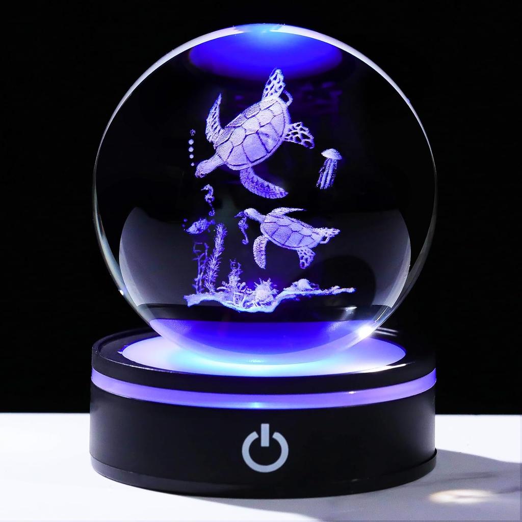 3D Sea Turtle Crystal Ball Night Light with LED Colorful Lighting Touch Base Glass Sphere Lamp for Birthday Turtle Figurine Christmas Ornaments