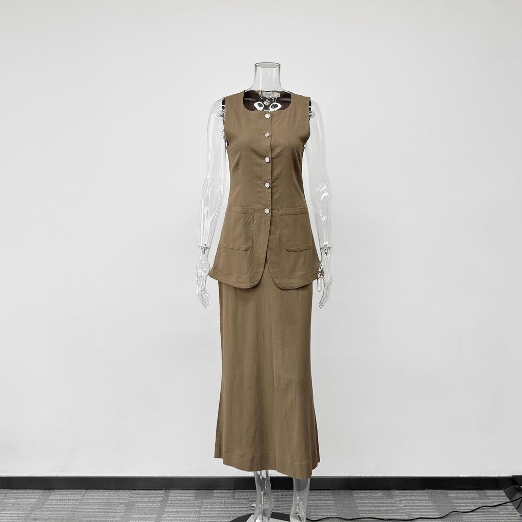Capable Solid Color Linen Blend Micro-Elastic Vest & Long Dress Two-Piece Set - Summer/Autumn for Work or Casual Wear
