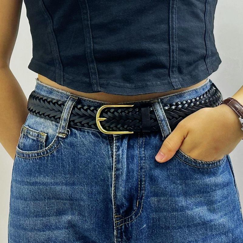 3cm Wide Waist Belt, Men's Genuine Leather Woven Belt, Top Layer Cowhide, Hand Woven Needle Buckle, Couple's Casual Versatile Pants Belt