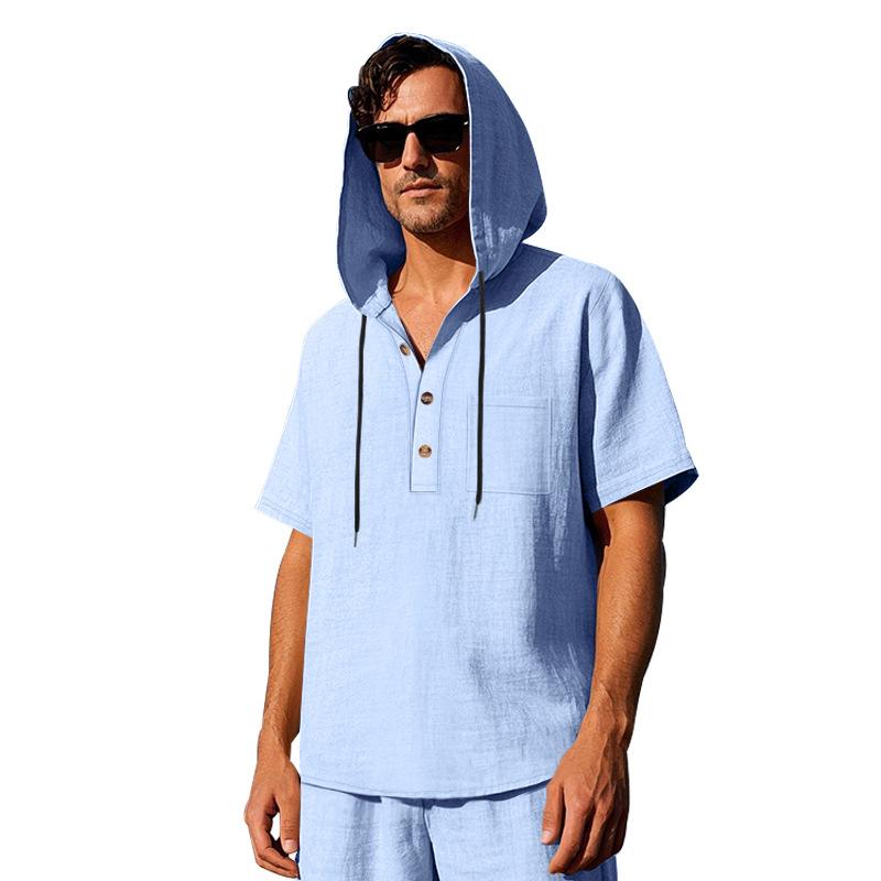 Мужская летняя свободная футболка-henley с капюшоном и коротким рукавом S