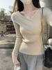 Sanftes und reines Verlangen unregelmäßiges Kreuzdesign Andy Samt Strickpullover Damen Herbst und Winter Neu figurbetonter Langarmpullover
