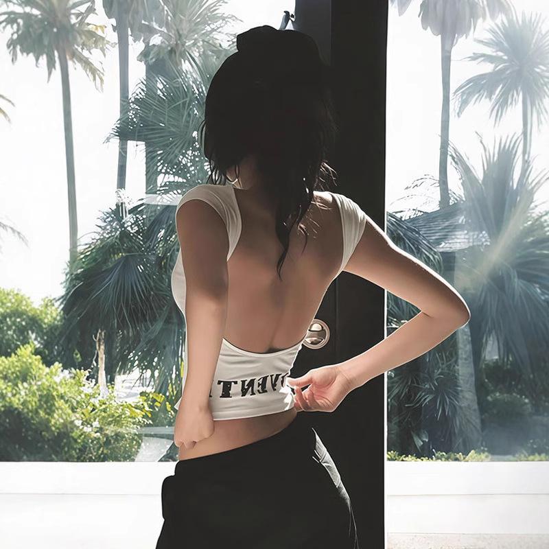 Women Cap Sleeve Crop Top, White Letter Print Open Back Slim Fit Y2K Sleeveless Backless Going Out Tank Top