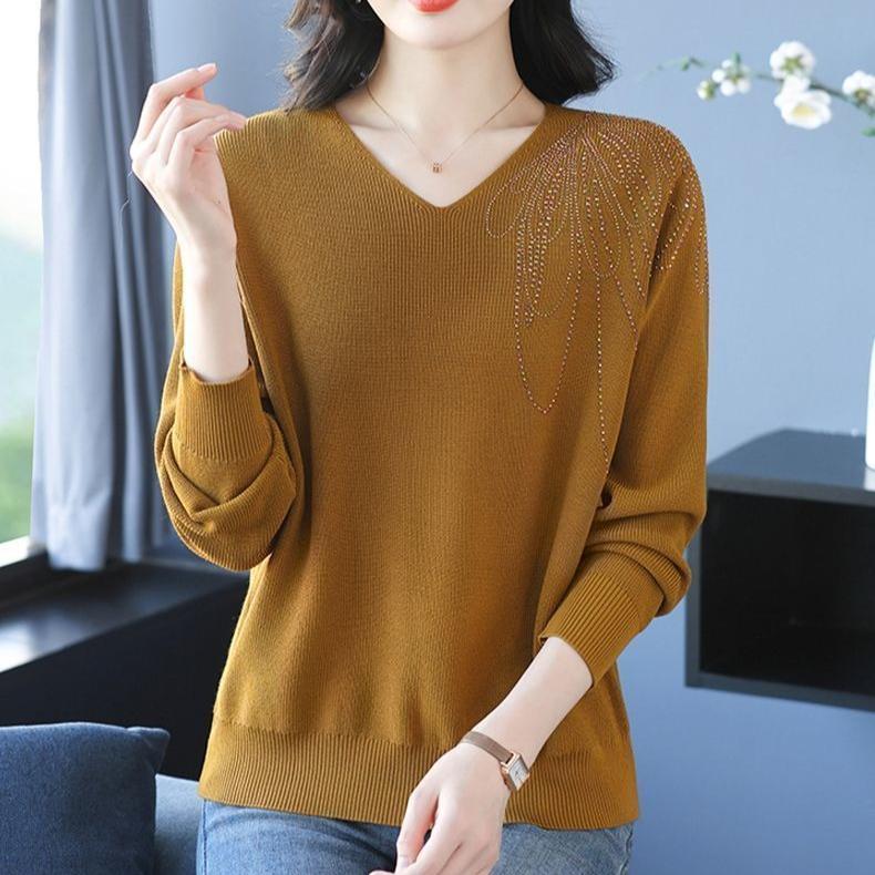 Spring Autumn Women's V-Neck Knitted Sweater Loose Solid Pullover Knitwear Thin Rhinestone Knit Top