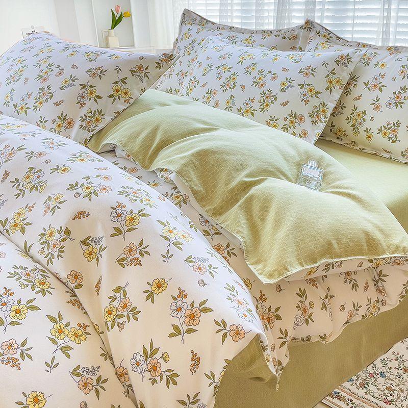 Simple Class A Washed Cotton Four-piece Bedding Set Princess Style Printed Quilt Cover Dormitory Bed Sheet Three-piece Quilt Cover