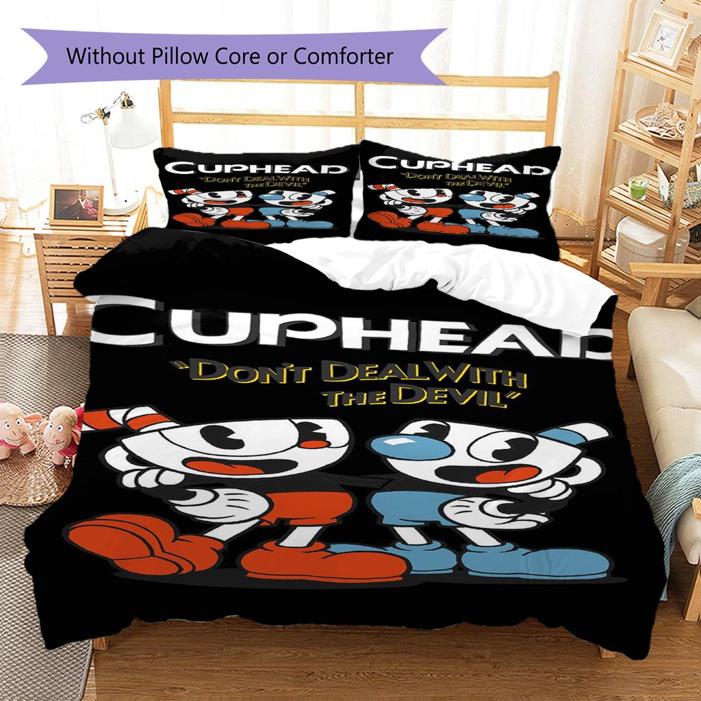 Cuphead Cute Cartoon Pattern Bedding,Quilt Set Quilt Cover Pillowcase Home Birthday Gift (1 * Duvet Cover + 2 * Pillowcase, Without Core)