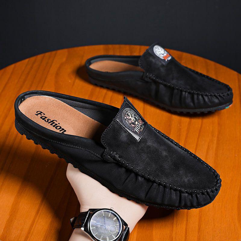 Leather Men's Shoe Male Slipper Mules Outdoor Slides Flat Half Cheap Shoes Liquidation Low Price Trend Summer Sale Fashion