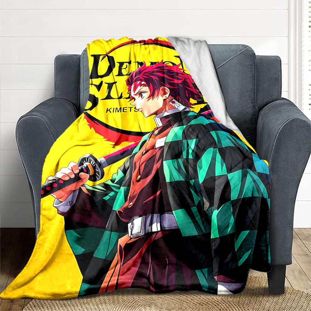 1pc Demon Slayer Flannel Throw Blanket HD Printed Lightweight Soft Warm All Season Blanket for Sofa, Bed, Travel, Camping Machine Washable