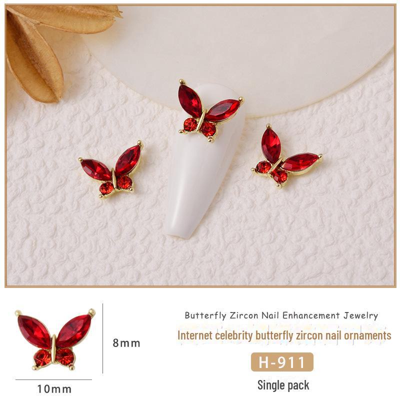 Luxury Crystal Butterfly Nail Art Accessories - Sparkling Gold & Red Design