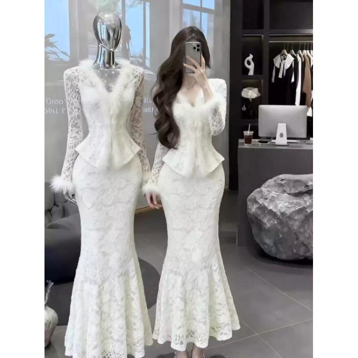 Elegant Gold Lace Mermaid Set: Waist-Cinched Top & Skirt for Special Occasions - Spring 2026 Arrival