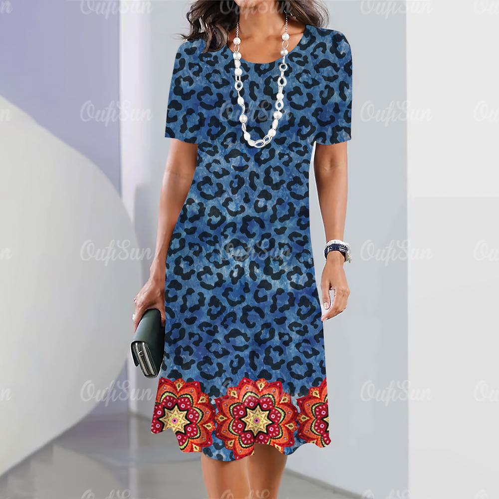 Nye damekjoler Leopard Blomstertrykk Elegante Vakre Kjoler Kvinnelig Sommer Casual Mote Klær