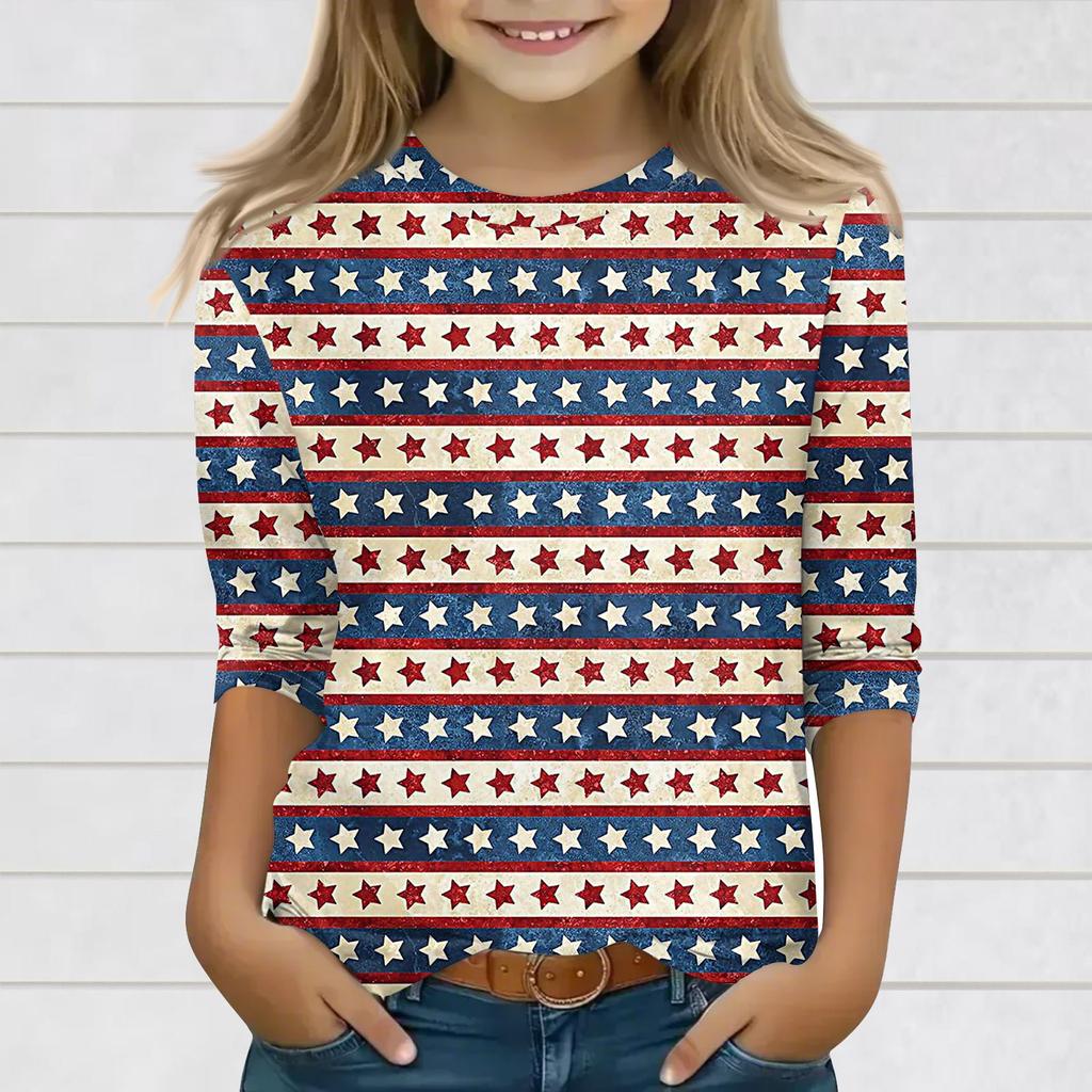 Print Tops For Youth Girls 3-10 Years Round Neck 3/4 Sleeves T-Shirts Trendy Tops Outfit Tees