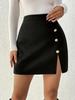 2026 European & American Black High-Waisted A-Line Mini Skirt with Side Slit