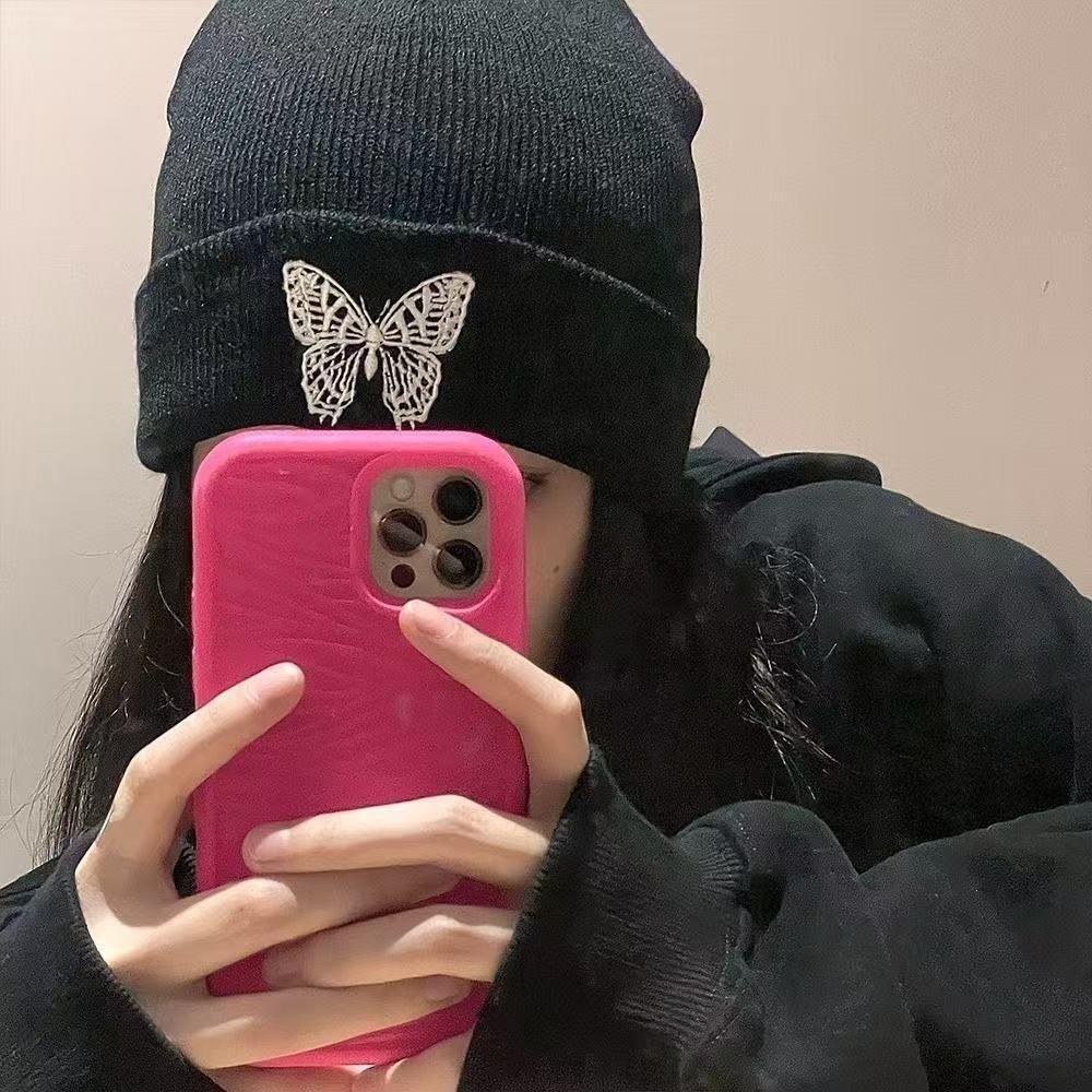 Embroidered Butterfly Knitted Pullover Hat Windproof Ski Bonnets Hat Winter Warm Skullcap