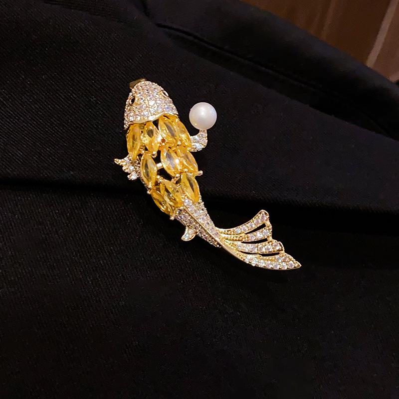 14K Gold Plated Koi Zircon & Pearl Brooch - Elegant, Versatile Pin for Trendy Women