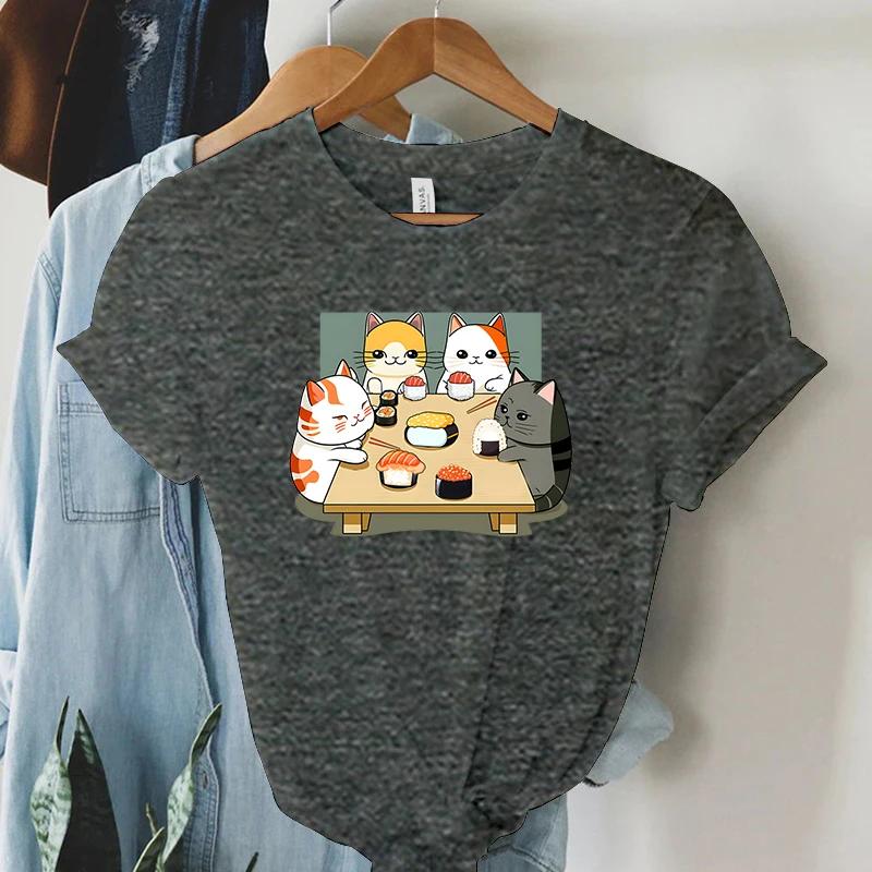 Cat Party Kawaii T Shirt Women Summer Tops Sushi Graphic T Shirts Casual Fashion Tee Shirt Trendy Korean Streetwear Y2k Tees