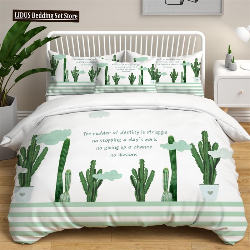 Green Cactus Potted Duvet Cover Set King Size Polyester Comforter Cover Cartoon Green Plant Cute Kawaii For Kid Boy Bedding Set