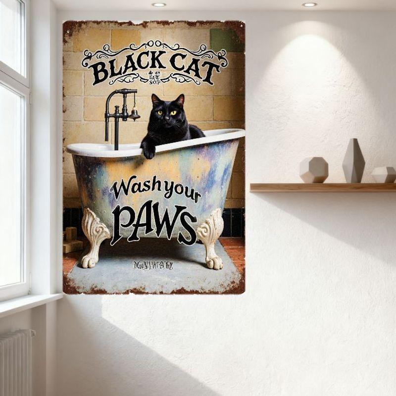 Vintage Black Cat in Bathtub Tin Sign Rustic Bathroom Decor Metal Poster with 'Wash Your PAWS' & 'BLACK CAT & the SOAP' Text for