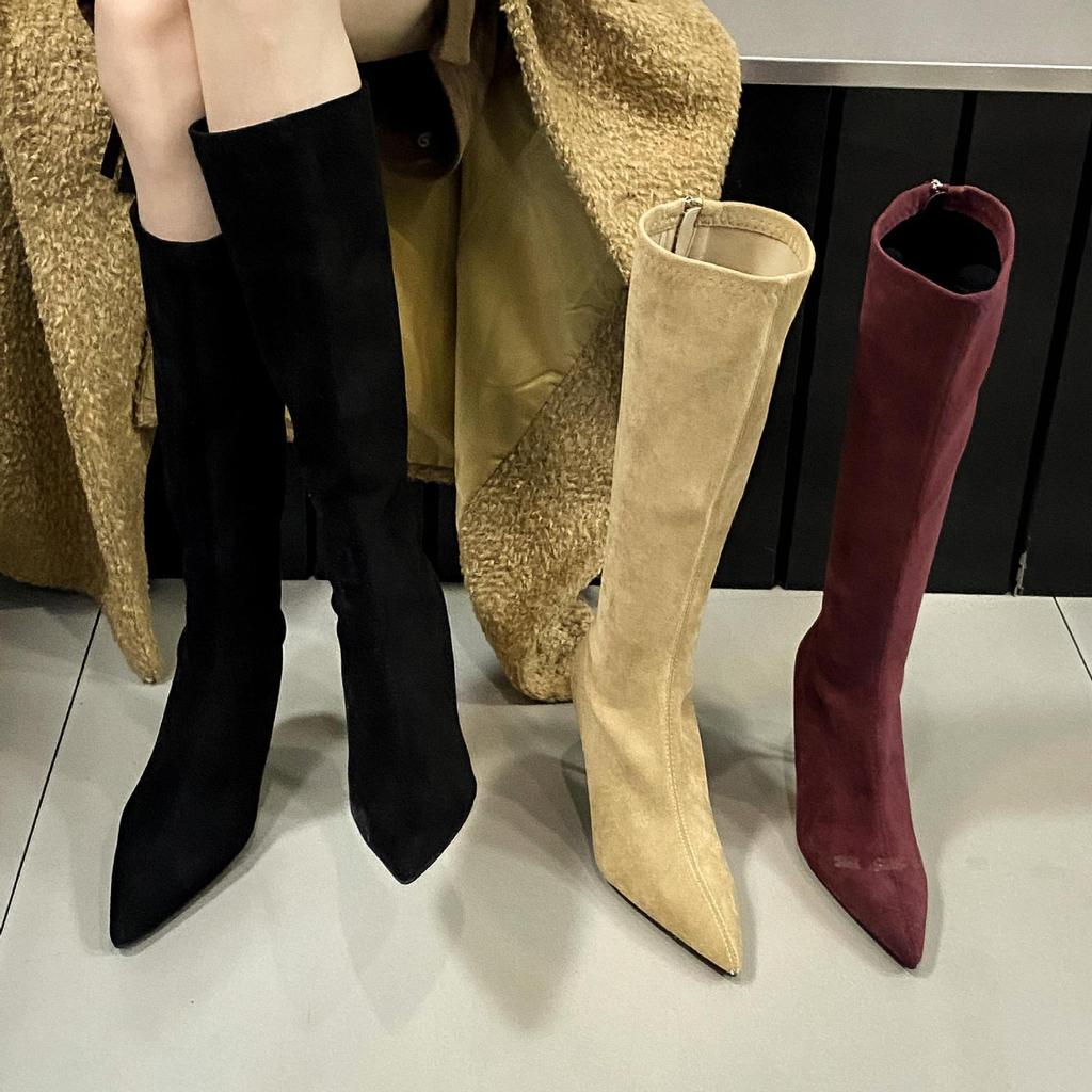 European and American Niche Temperament Suede High-heeled Boots 2025 Autumn and Winter New Pointed Thin Heels But Knee Zipper Tall Tube
