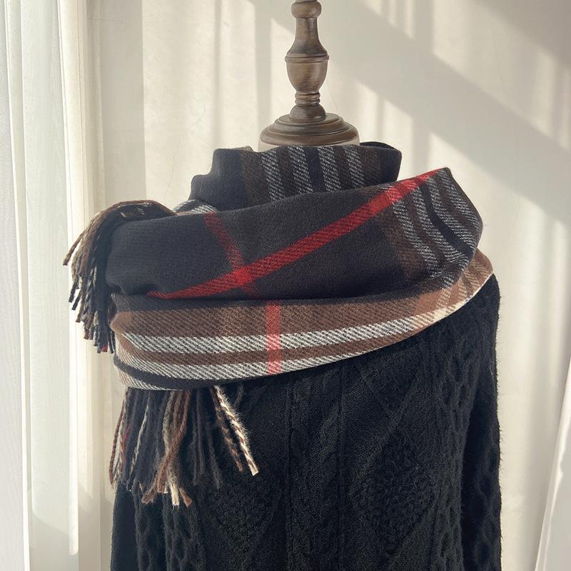 Women's Autumn/Winter Korean-Style Versatile Mid-Length Plaid Shawl & Scarf with Tassels – Imitation Cashmere Warm Neck Warmer
