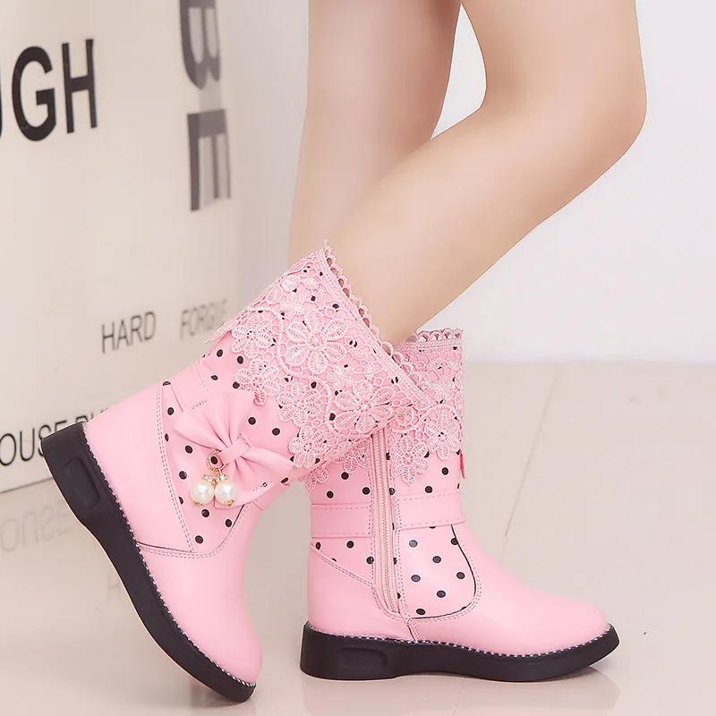 Children Fashion Leather Boots Versatile Lace Beautiful Elegant Princess Shoes PU Cotton Kids Shoes Classic Boots Drop Shipping