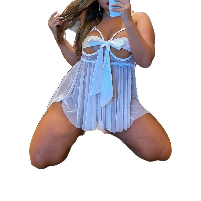 Erotic Underwear Women's Sexy Lace Bow Seduction Suspender Nightgown Hot Passion Perspective Open Small Chest Pajamas