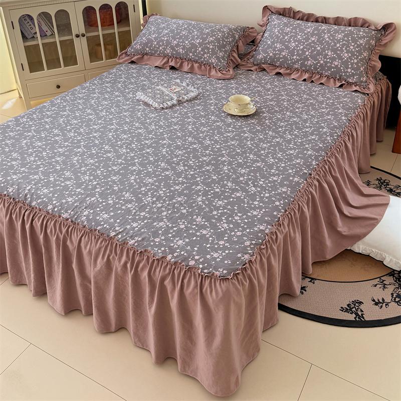 3pcs Bedding Simple Flower Bed Skirt With Pillowcases Wedding Bedspread Bed Sheet Mattress Cover Full Twin Queen King Bedsheets