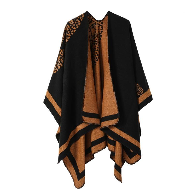 Poncho a mantella aperto davanti a righe floreali nero e grigio, coperta da viaggio a maglia grossa, scialle avvolgente