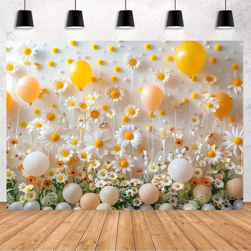 Lebendiger Gänseblümchen- und Ballon-Hintergrund Gelbe Weiße Blumenszene Fotografie Hintergrundtuch