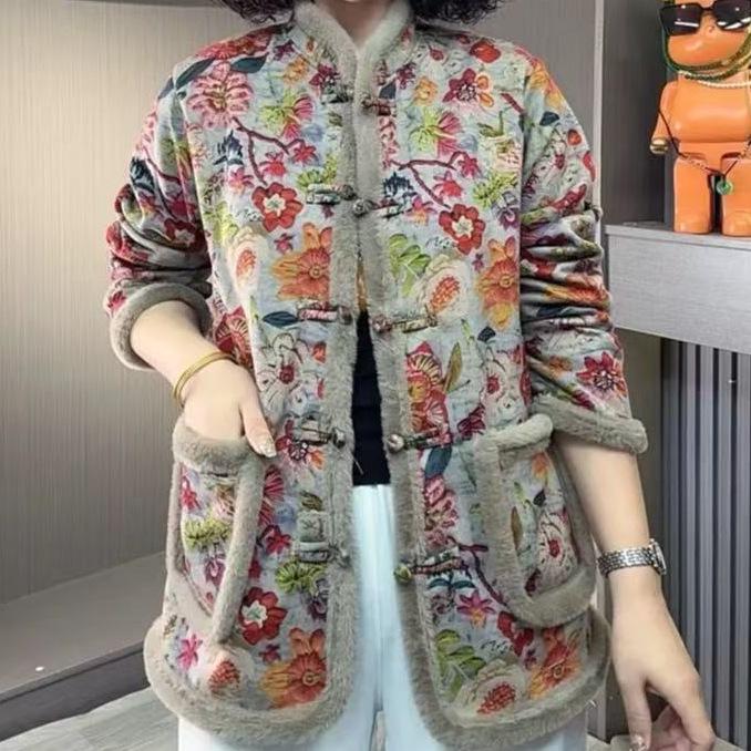 Floral Cotton Jacket: Warm Winter Coat with Frog Buttons for Middle-aged and Elderly