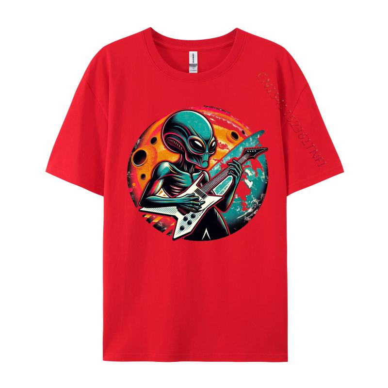 Retro Alien Guitar Rockstar Tshirt Funny T Shirt For Men Premium Cotton Autumn Tshirts Street Tops Shirt