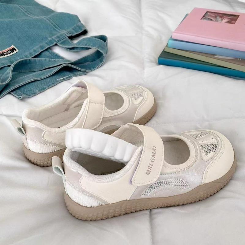 White Retro Round Head Thick Sole Shallow Mouth Single Shoes Women's New Summer Mesh Casual Sports Mary Jane Shoes