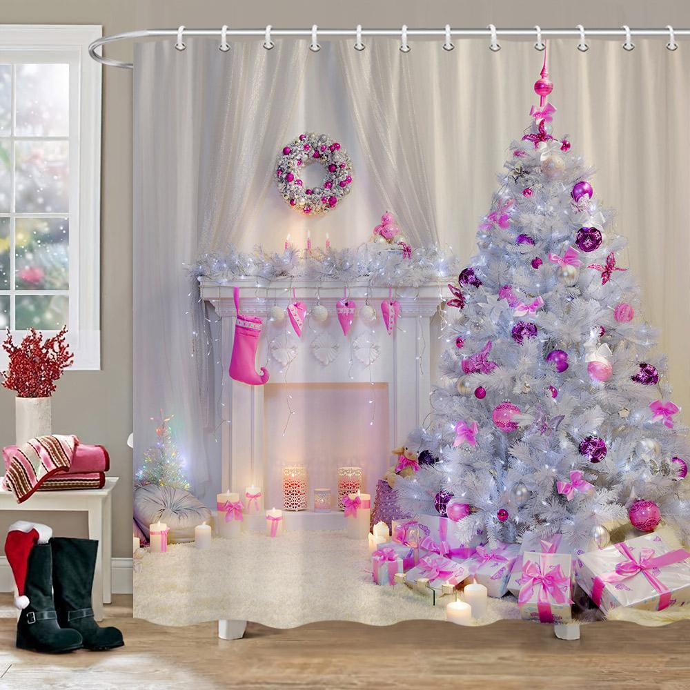 Winter Christmas Shower Curtain Red Truck Snowman Reindeer Snowy Farmhouse Bath Curtain Washable Polyester Fabric Bathroom Decor