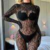 Women Leopard Fishnet Bodystocking Long Sleeve Bodysuit Sexy Hollow Out Mesh Tights Nightwear Erotic Lingerie Jumpsuit