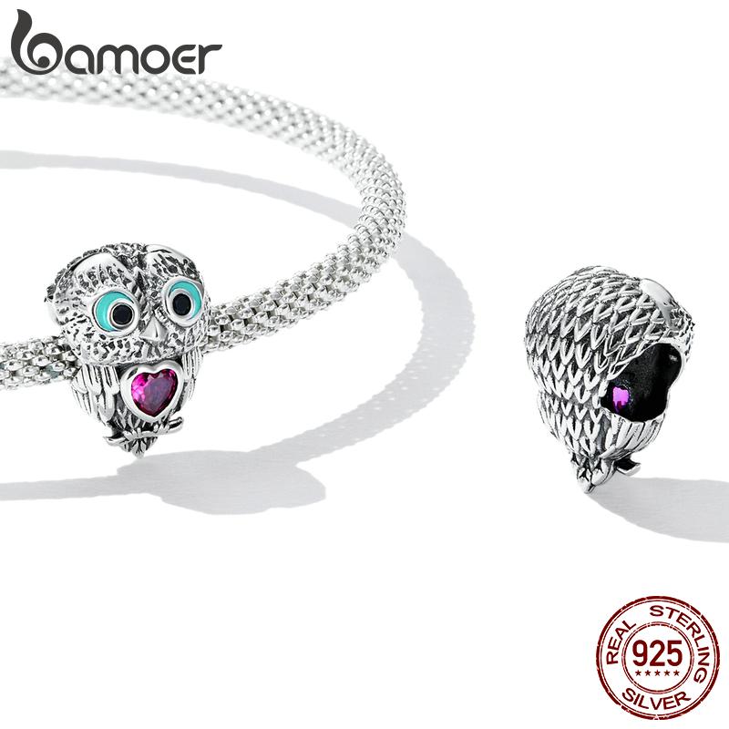 

BAMOER из стерлингового серебра 925 пробы, яркая подвеска в виде совы, подходит для женщин, браслет и браслет, бусины в виде животных, инкрустированные сердечком, циркон, изящные ювелирные изделия 925 silver