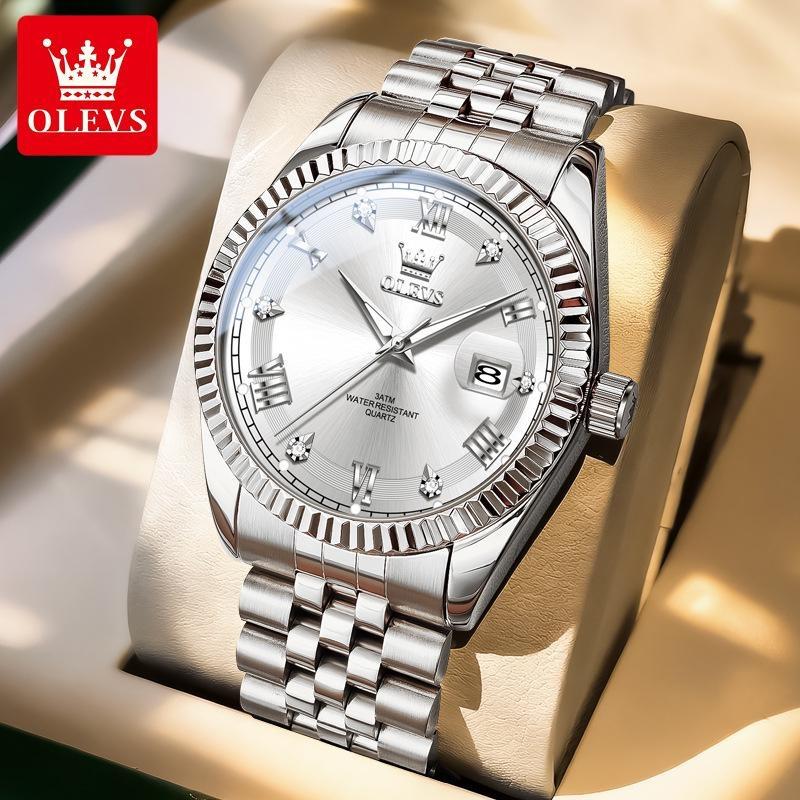 OLEVS Men s Watches Silver Stainless Steel Waterproof Quartz Watch for Man Luminous Date Business Original Male Wristwatch серебряный/белый