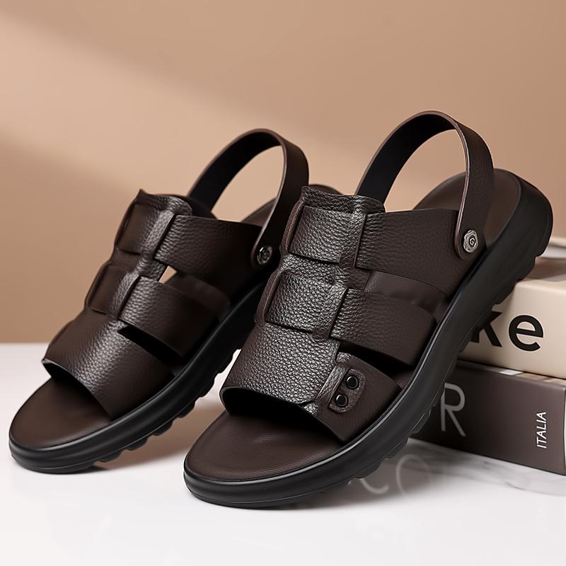 Fashion Mens Commute Genuine Leather Sandals Solid Color Leather Summer Breathable Beach Shoes Casual Comfortable Open Toe Soft Sandals