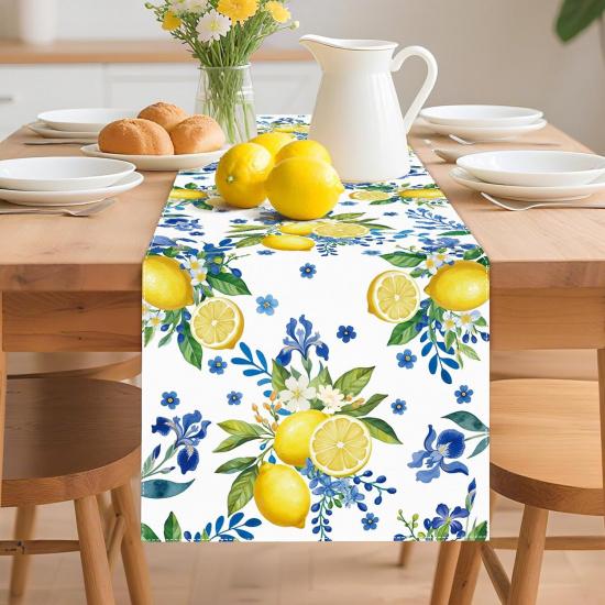 Lemon and Blue Floral Table Runner, Seasonal Kitchen Dining Table Decoration for Home Party Birthday Wedding Decor 72 x 13 inches, White