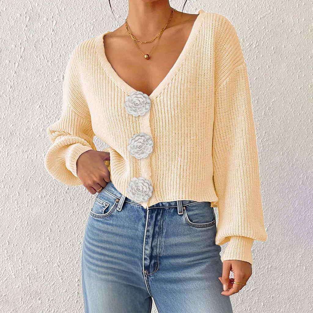 Women's Solid Color Button-Up Cardigan Deep V-Neck Short Loose-Fitting Jacket Casual Top