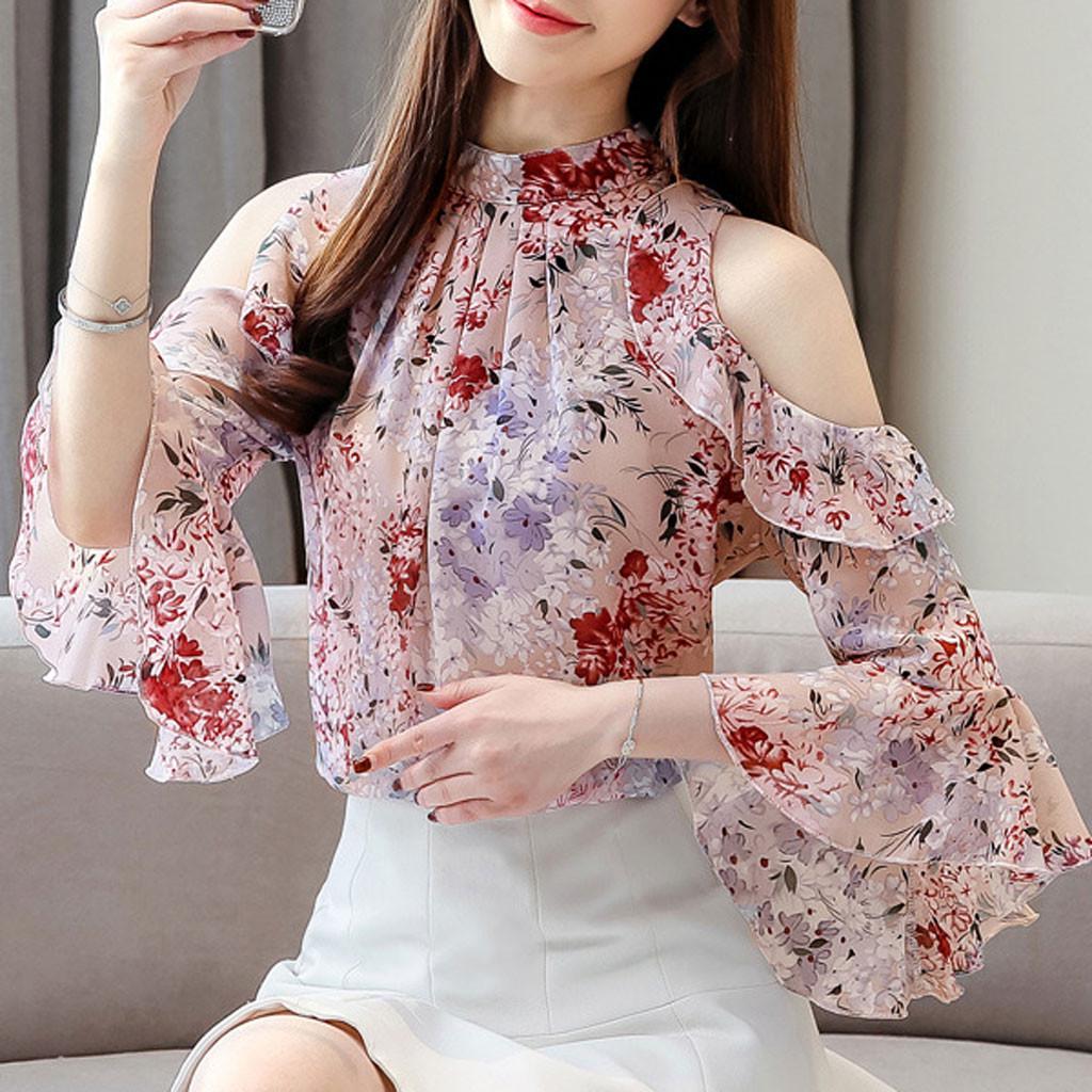 

Модная женская шифоновая блузка с короткими рукавами и открытыми плечами с цветочным принтом Plus Szie XXL