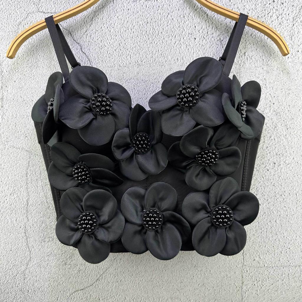 Unique Halter Top Outerwear Handcrafted Floral Pearl Embellished Halter Top for Women Dance Wrap Top Performance Attire Camis & Tank Tops