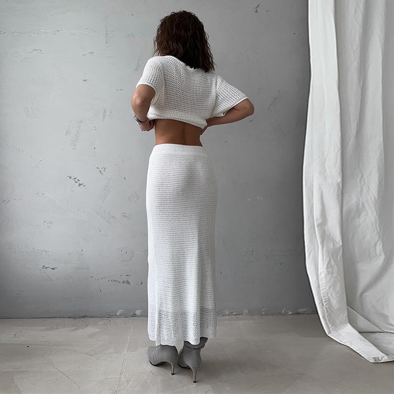 Women's Casual Suit Short Sleeved Hollowed Out Top Knitted Half Skirt Set Solid Color Versatile Summer Refreshing Wearing Temperament Elegant Dress