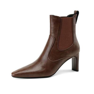 Botas de salto alto de couro de vaca inverno bico quadrado botas modernas femininas slip on retro elegante botas femininas tornozelo