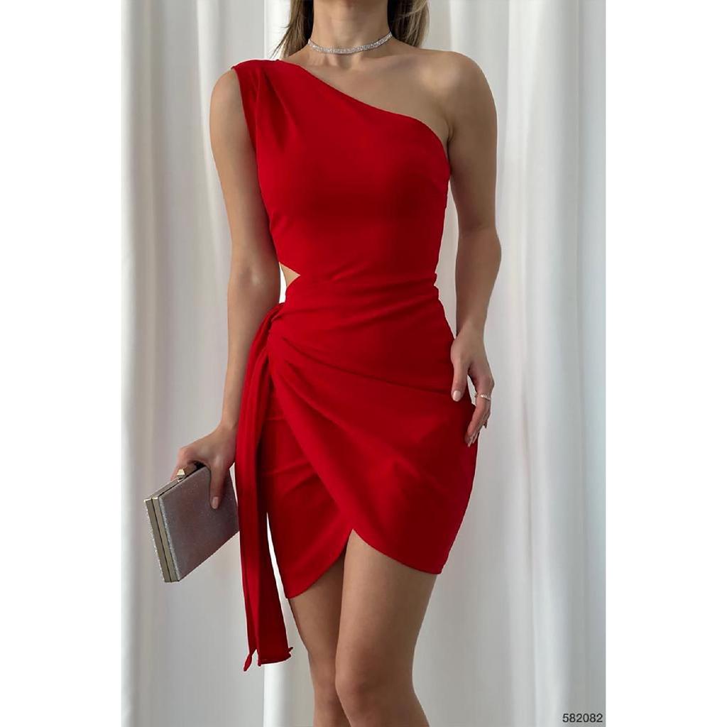 Red Asymmetrical Cut Crepe Dress With Tied Skirt