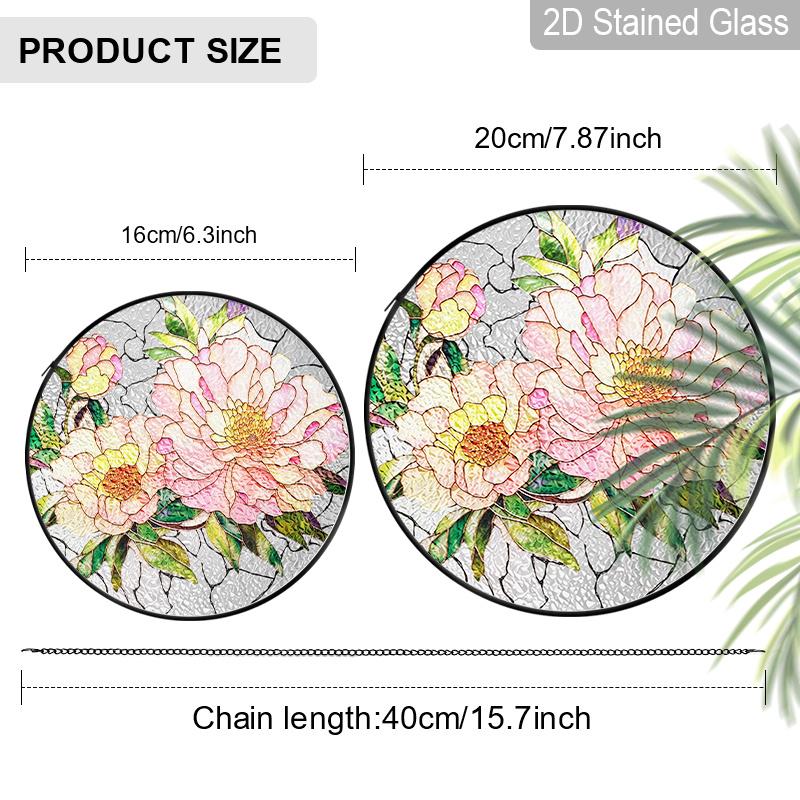 2D Flat Stained Glass Pink Peony Window Decoration, Elegant Colored Glass Plate with Chain, Charming Spring Summer Sun Catcher Wall Art Home Garden