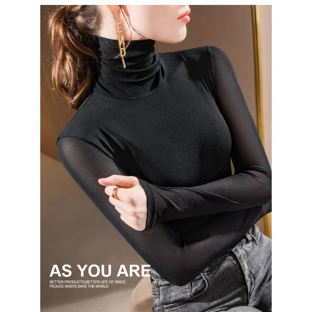 Women High Collar Mesh Base Layer Top Fleece Lined Thick Stretchy Long Sleeve Warm