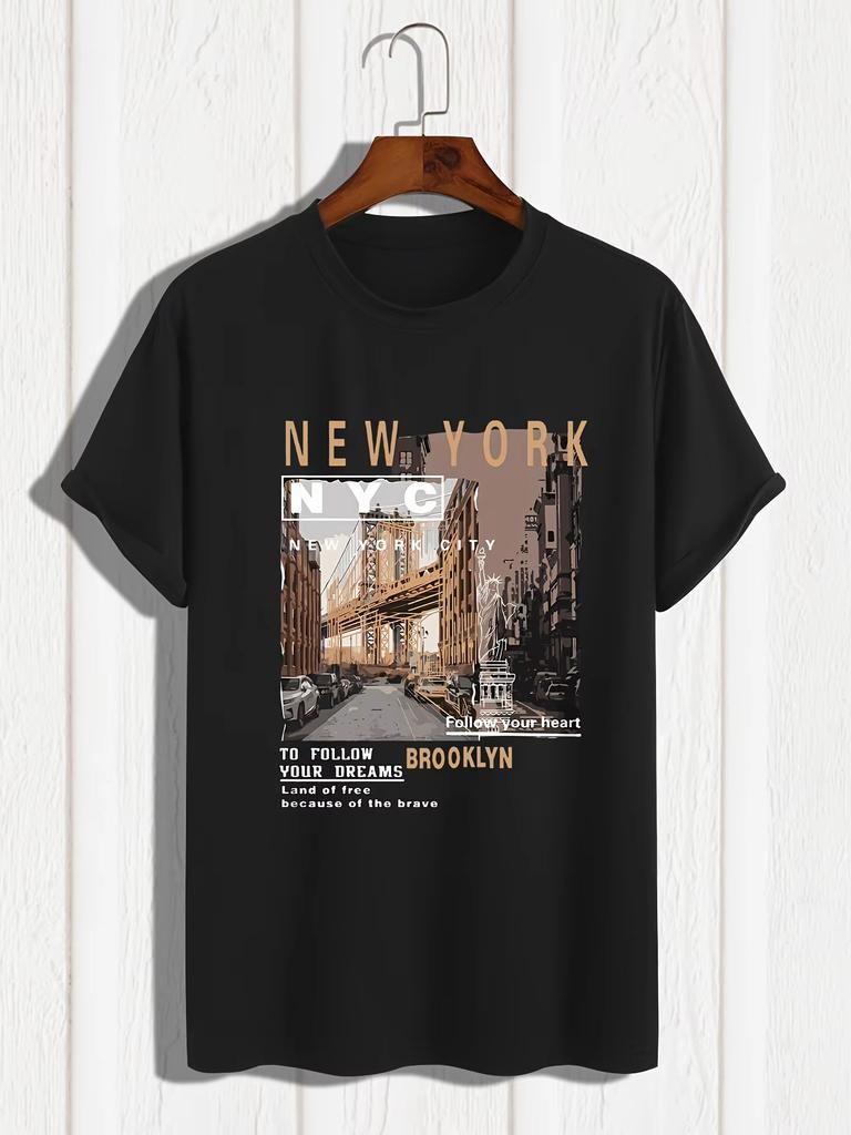 Men's Pure Cotton Summer Loose Casual New York Printed Round Neck Short Sleeved Street Soft Breathable T-shirt Large Size