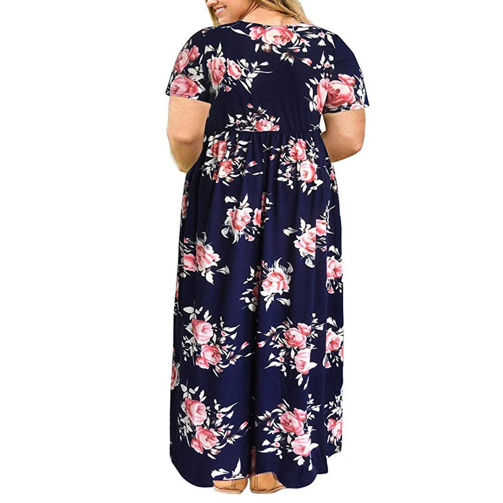 Plus Size Women Casual O-Neck Summer Short Sleeve Print Loose Pocket Long Dress