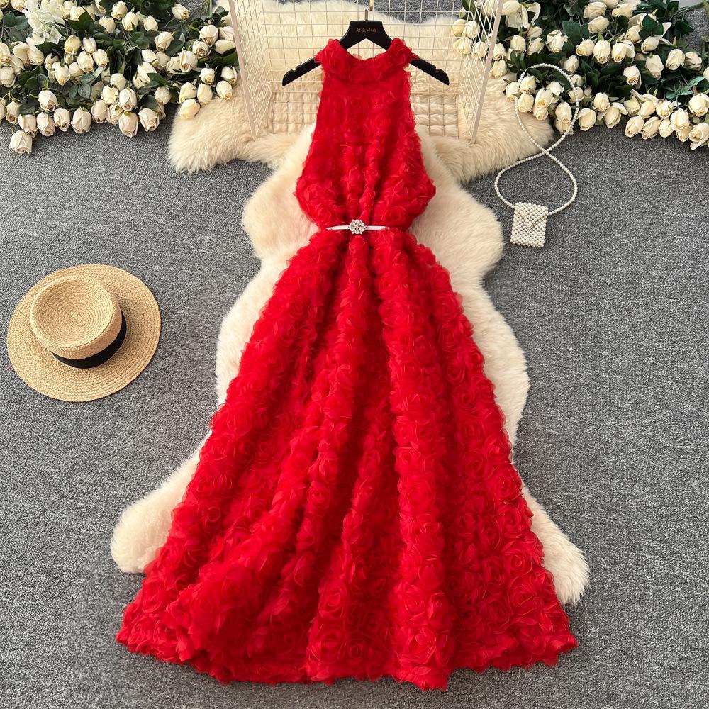 French High-end Fashion Three-dimensional Flower Neck Sleeveless Dress Women's Straps Waist Thin Temperament Big Swing Dress