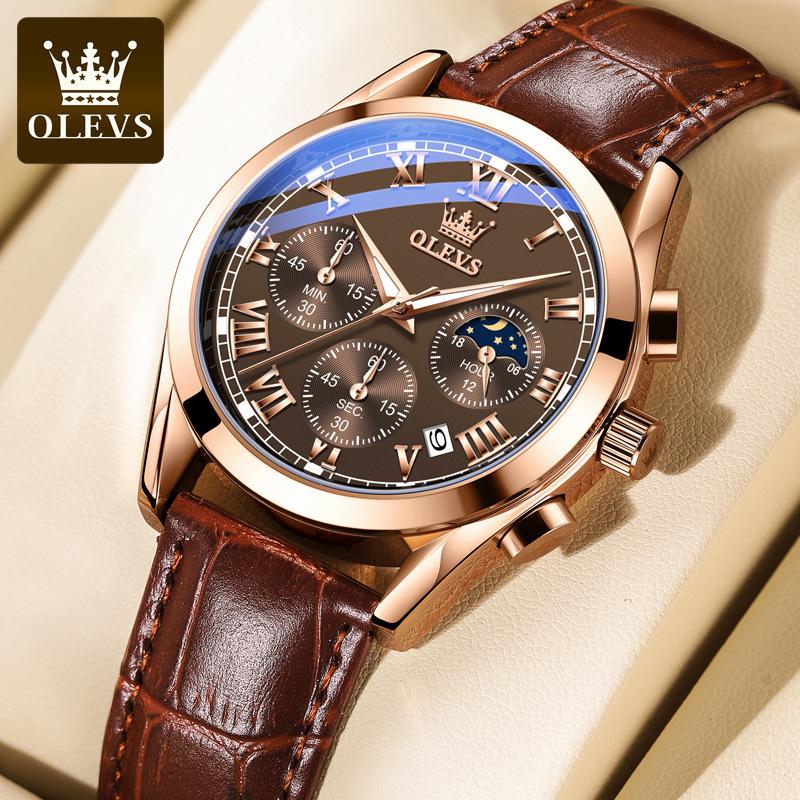 Oulishi Men's Waterproof Luminous Chronograph Quartz Watch with Three-Eye, Six-Hand Design.